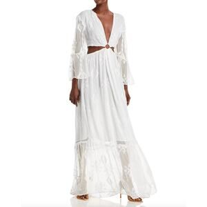 $546 Ramy Brook White Maxi Dress Womens Size L Long Sleeve Cut Out Gown New